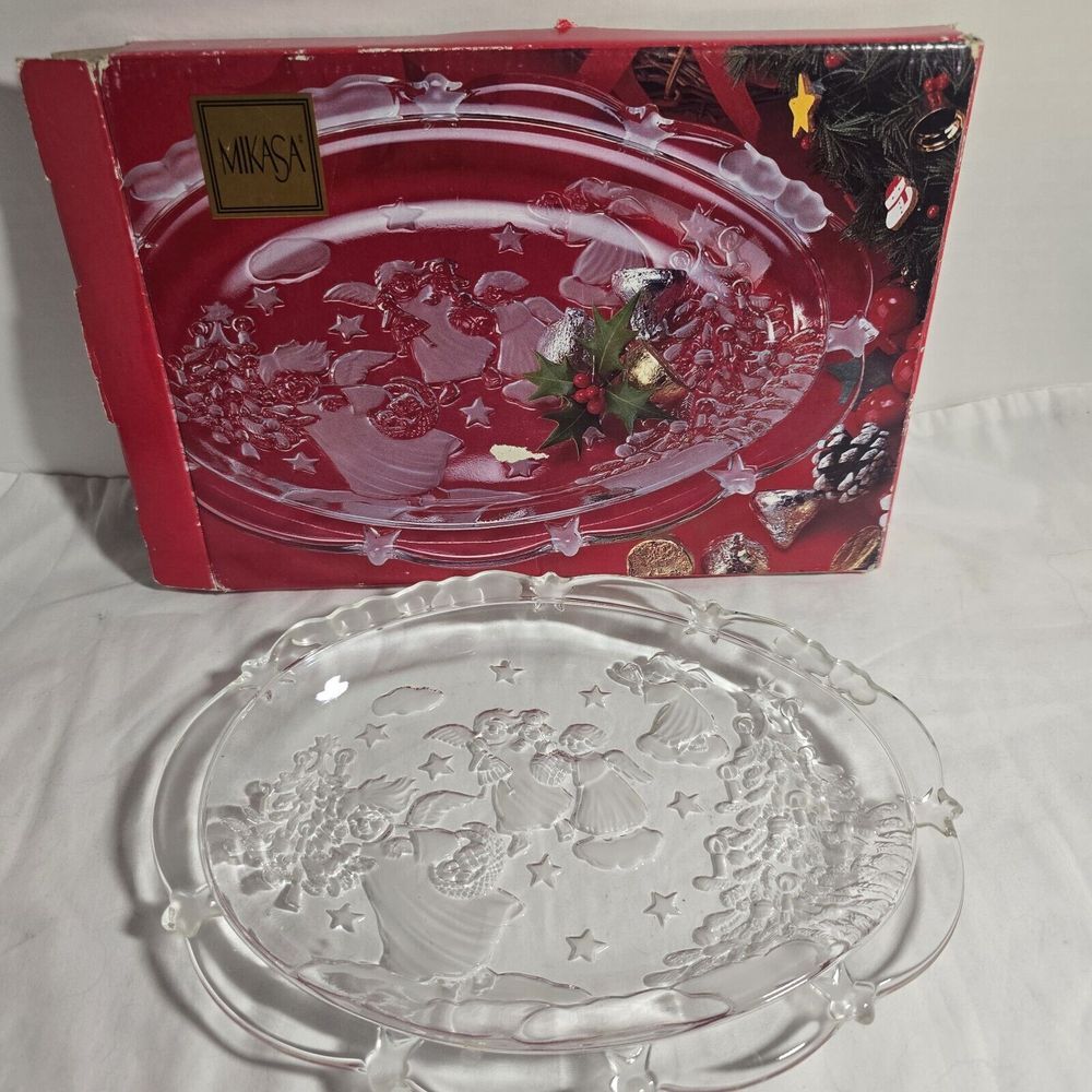 MIKASA Holiday Lights SWEET DISH 9" Crystal Glass ANGELS CHRISTMAS Serving Plate